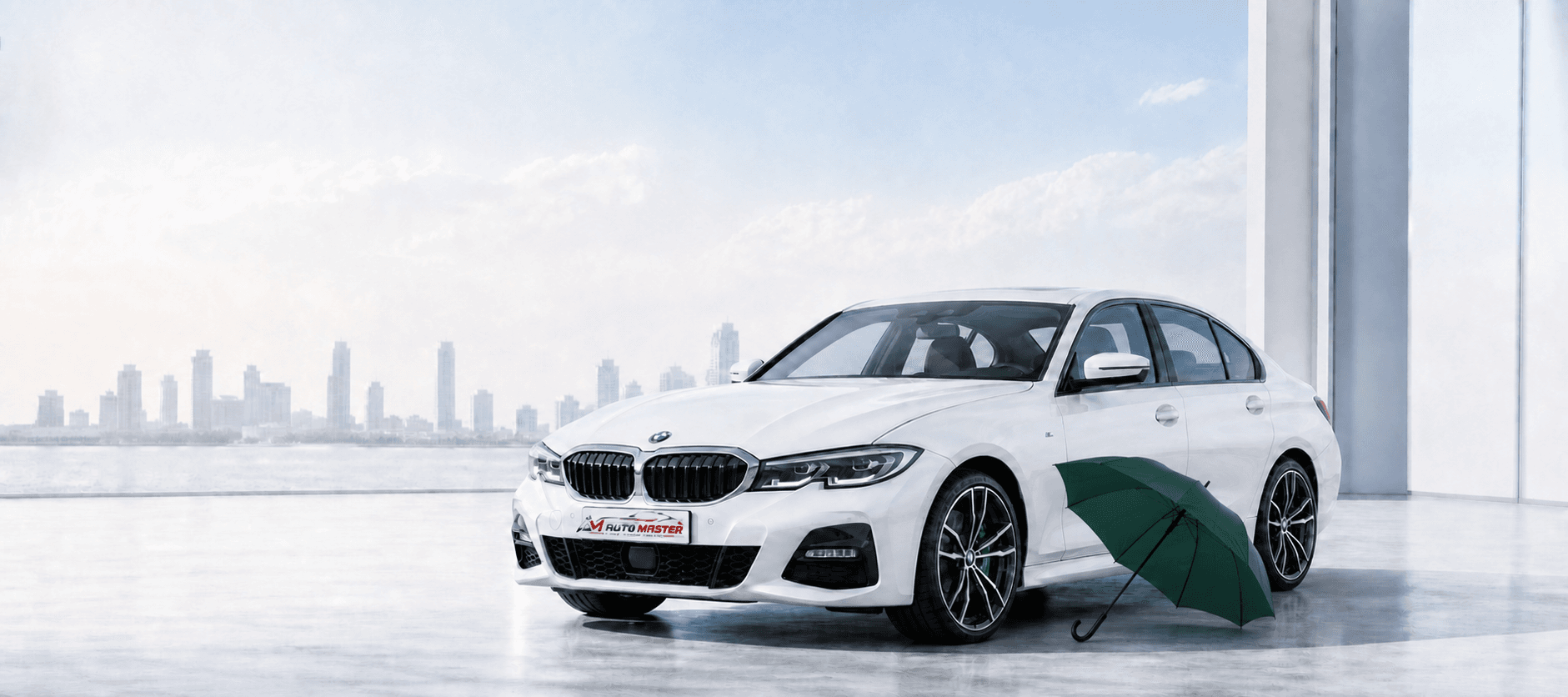 White BMW 3 Series with an umbrella